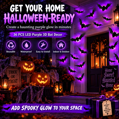 🎃 Purple Glow 3D Bat Wall Decor – 36PCS Halloween Set 🦇