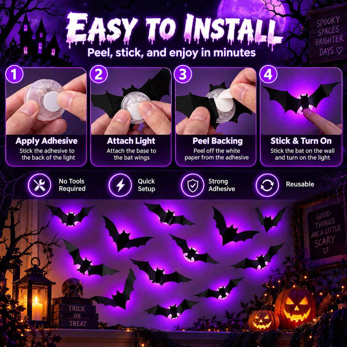 🎃 Purple Glow 3D Bat Wall Decor – 36PCS Halloween Set 🦇