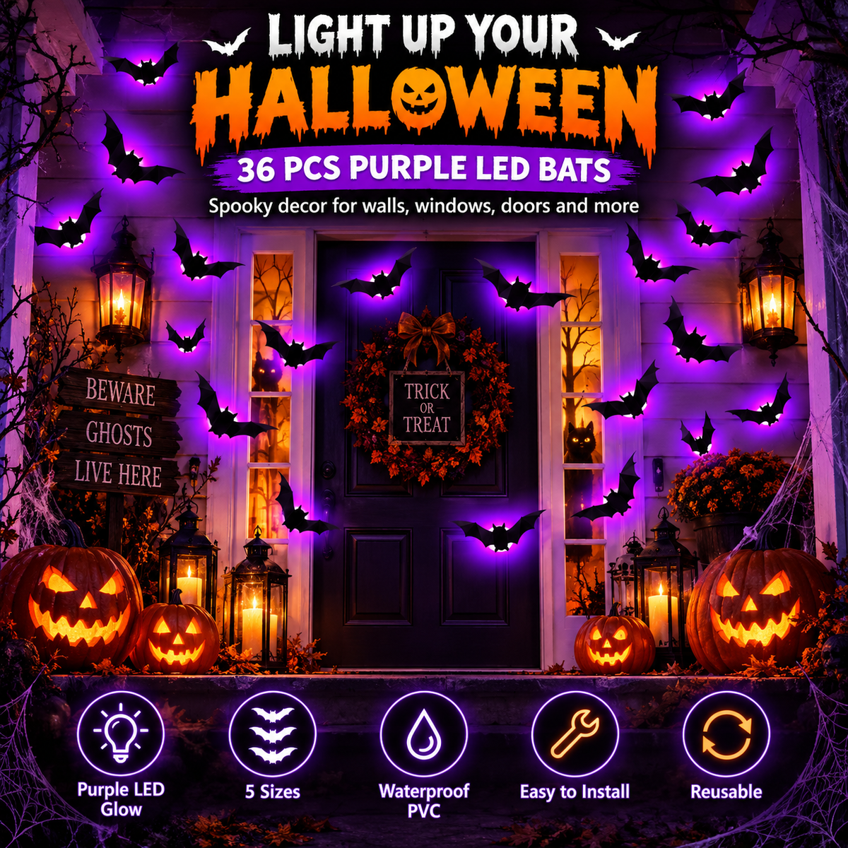 🎃 Purple Glow 3D Bat Wall Decor – 36PCS Halloween Set 🦇