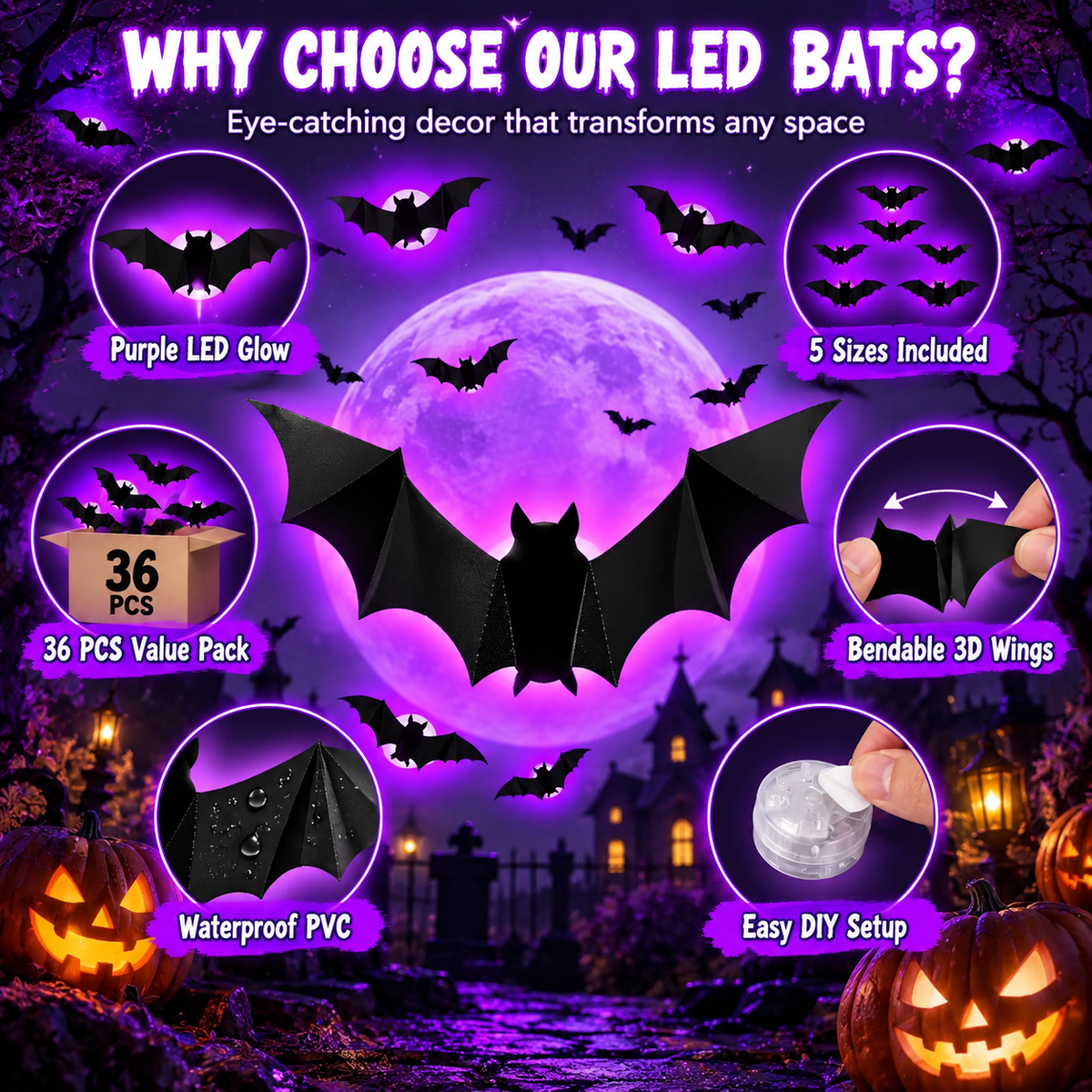 🎃 Purple Glow 3D Bat Wall Decor – 36PCS Halloween Set 🦇