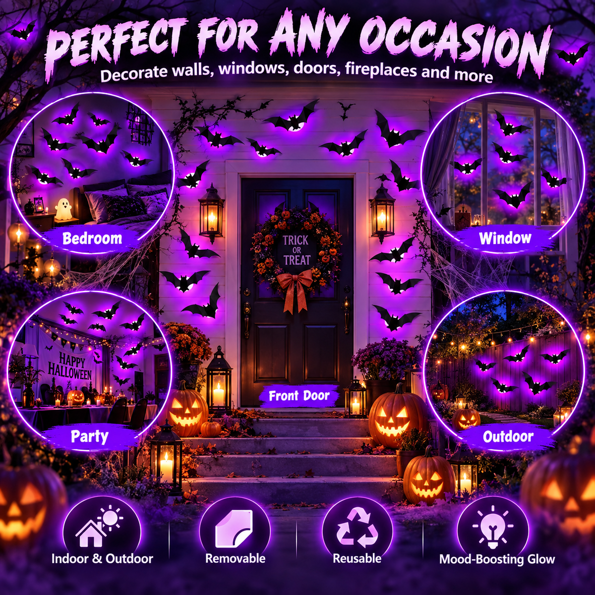 🎃 Purple Glow 3D Bat Wall Decor – 36PCS Halloween Set 🦇