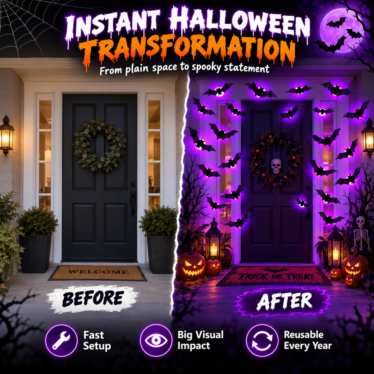 🎃 Purple Glow 3D Bat Wall Decor – 36PCS Halloween Set 🦇